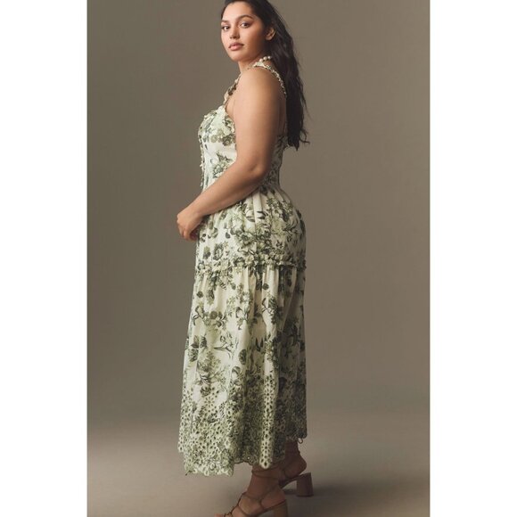 Anthropologie Sleeveless Sweetheart A-Line Midi Dress Size XL Green Foliage - Picture 3 of 6